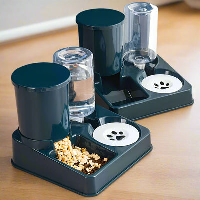 2-in-1 automatic cat feeder and water dispenser with tilted design on a wooden surface.