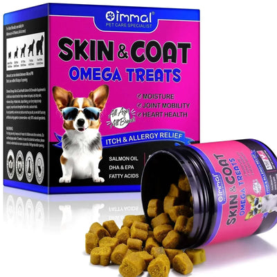 Dog skin allergy and itch relief supplement, chicken flavor, omega treats for shedding and joint health.