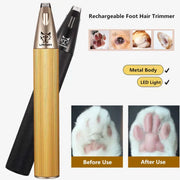 Aluminum rechargeable pet foot hair trimmer with metal body and LED light; before and after use comparison.