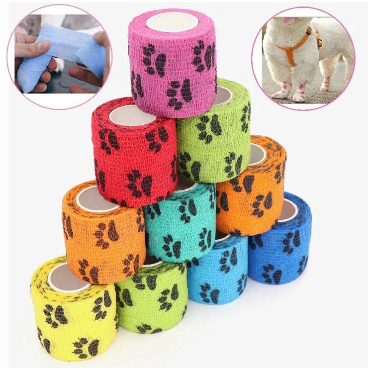 Eco-friendly pet paw wraps in assorted colors, 6-pack, biodegradable and self-adhesive for paw protection.