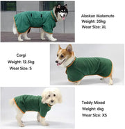 Quick-Dry Pet Bathrobe for dogs with adjustable microfiber design, shown on Alaskan Malamute, Corgi, and Teddy Mixed in various sizes.