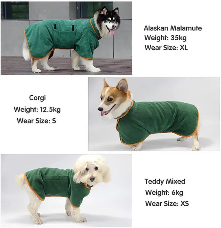 Quick-Dry Pet Bathrobe for dogs with adjustable microfiber design, shown on Alaskan Malamute, Corgi, and Teddy Mixed in various sizes.