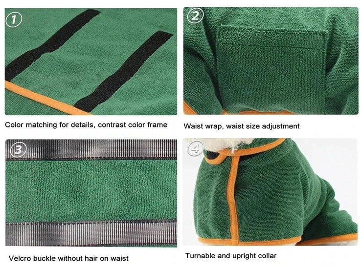 Quick-Dry Pet Bathrobe with microfiber, adjustable waist, Velcro buckle, and upright collar design for pets.