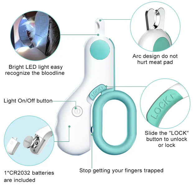 LED Pet Nail Clippers with ergonomic design, built-in LED light, and sharp stainless steel blades for cats and small dogs.