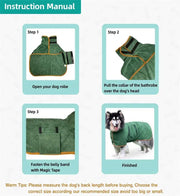 Instruction manual for Quick-Dry Pet Bathrobe with adjustable fit and microfiber material.