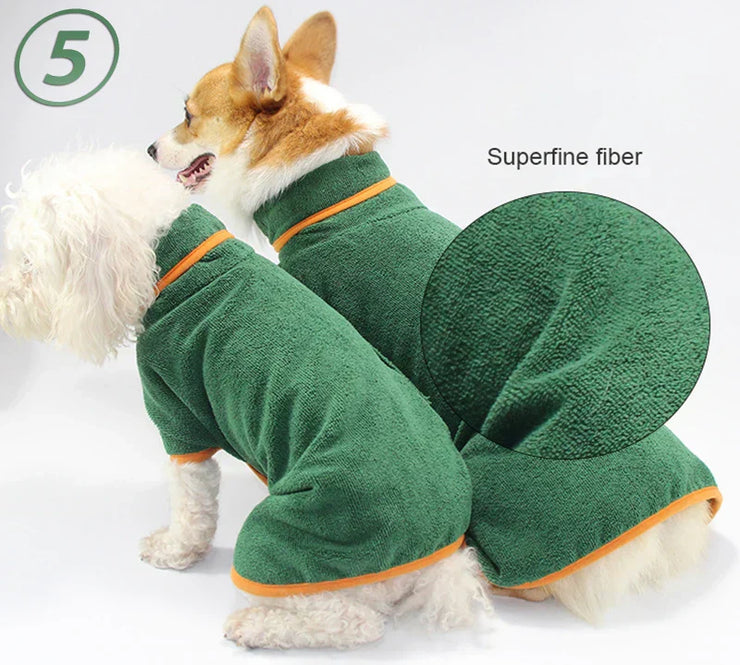 Microfiber quick-dry pet bathrobe for dogs and cats, green with orange trim.