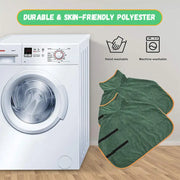 Quick-Dry Pet Bathrobe made from Microfiber, ultra-absorbent and adjustable for dogs and cats, next to washing machine.