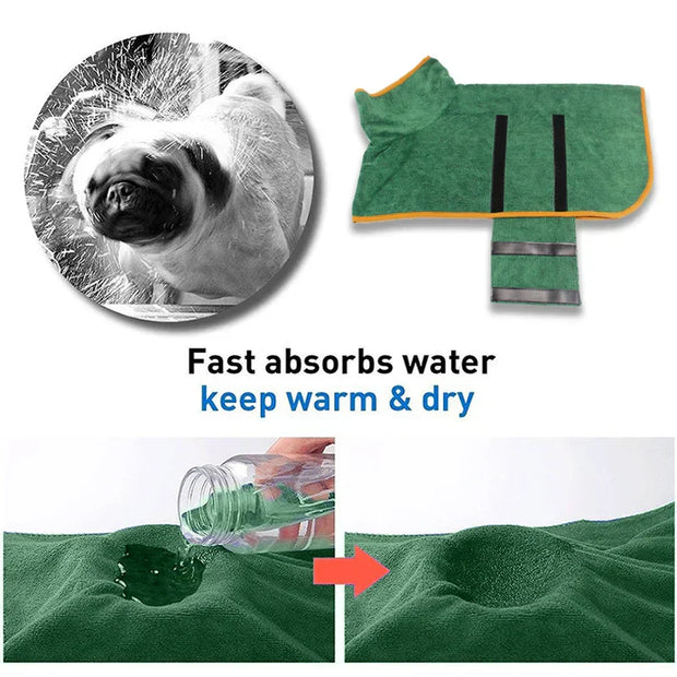 Green Quick-Dry Pet Bathrobe for dogs and cats, made from microfiber.