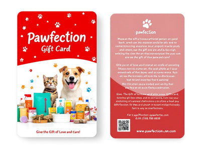 Paw-Fection gift card featuring pet products and animals.