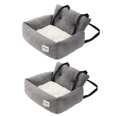 Gray pet car booster seat with removable anti-slip bottom and adjustable strap for traveling dogs and cats.