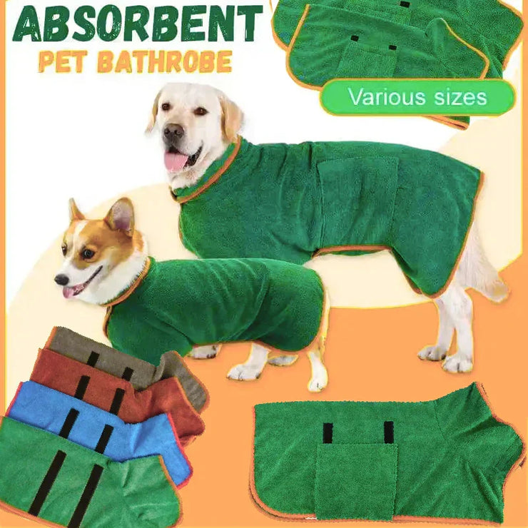 Quick-Dry Pet Bathrobe for dogs and cats, made from absorbent microfiber material, available in various sizes.