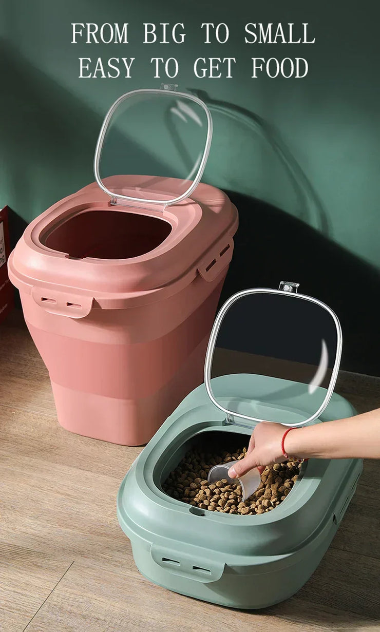 FlexiStore insect-proof foldable food storage container for pets in pink and green, shown open with pet food inside.