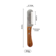 Luxury Pet Dematting Comb with wooden handle, dimensions, and customizable logo option.