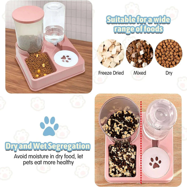 2-in-1 automatic cat feeder and water dispenser with tilted design on a wooden surface, featuring dry and wet food segregation, suitable for various food types.