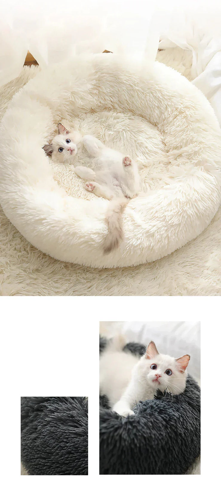 CozyNest Plush Pet Bed for cats and small dogs, soft long plush material, round design, non-slip base.