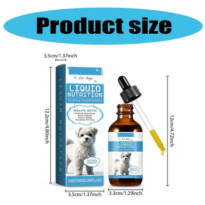 2024 all-natural pet vitamin drops for dogs, boosts immunity and health, promotes bone and dental well-being, product packaging and size display.