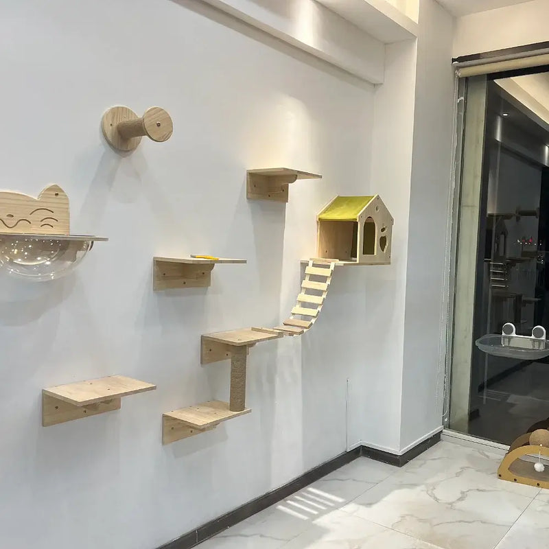 Load image into Gallery viewer, Wooden Wall-Mounted Cat Climbing Shelves &amp; Hammock
