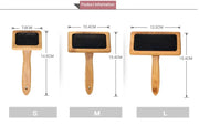 Eco-Friendly Bamboo Pet Grooming Brush in three sizes with dimensions displayed.