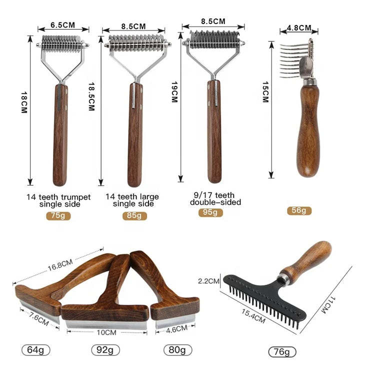 Customizable Luxury Pet Dematting Comb with wooden handles and various blade options.