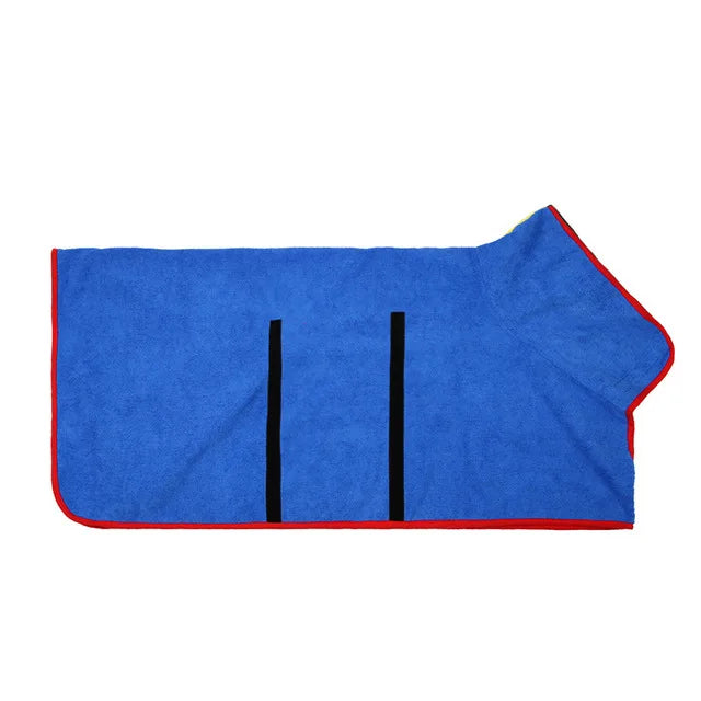 Quick-Dry Pet Bathrobe made from Microfiber, blue with red trim, for dogs and cats.