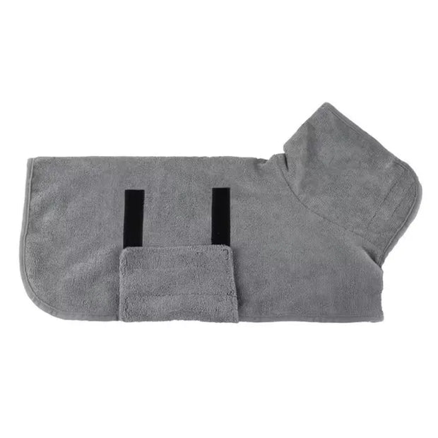 Quick-Dry Pet Bathrobe made from Microfiber for dogs and cats, in gray color, shown with adjustable fit.