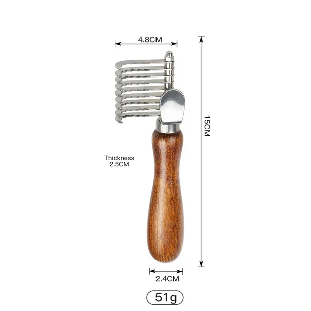 Customizable Luxury Pet Dematting Comb with wood handle and metal teeth for grooming.