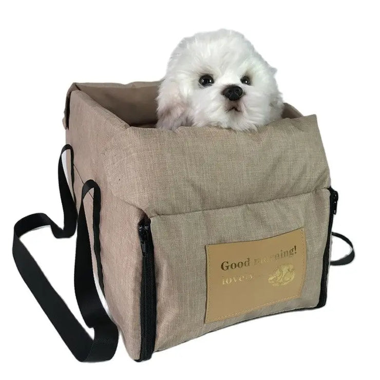 Nonslip Pet Travel Booster Seat for small to medium pets in car, cozy plush interior.