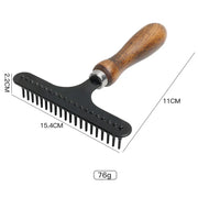 Luxury Pet Dematting Comb with premium wood handle, customizable logo option, dimensions shown.