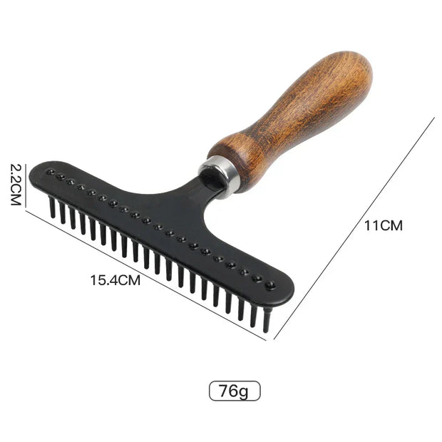 Luxury Pet Dematting Comb with premium wood handle, customizable logo option, dimensions shown.