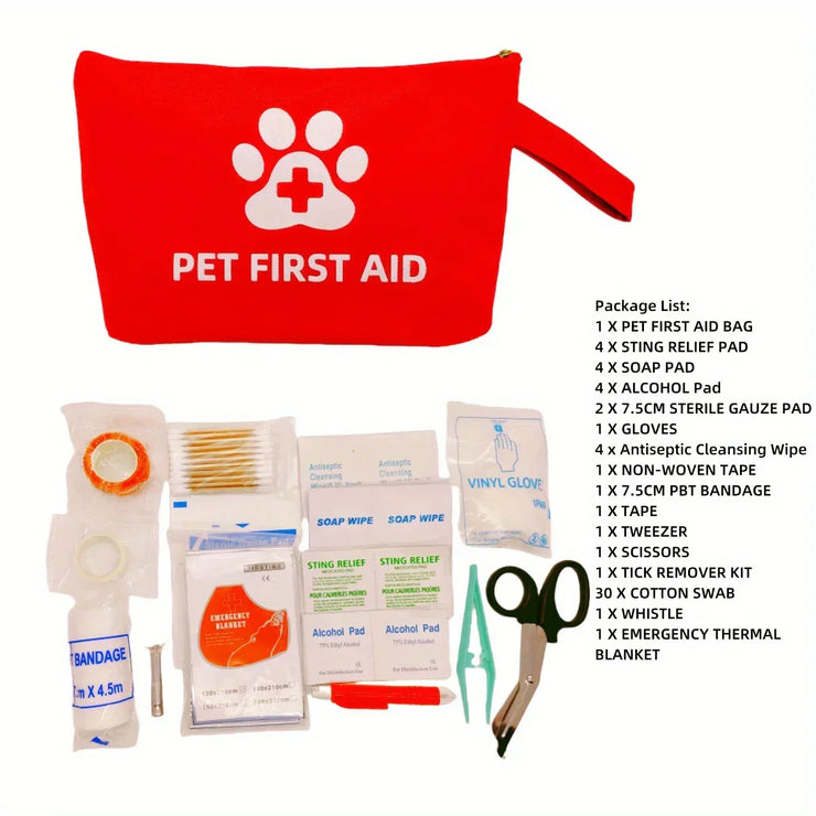 Reflective pet emergency travel kit, waterproof first aid for dogs and cats.