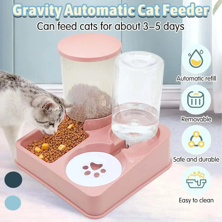 2-in-1 automatic cat feeder and water dispenser with tilted design, gravity system, and cat eating.