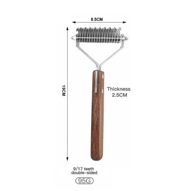 Luxury Pet Dematting Comb with wooden handle and double-sided teeth design.