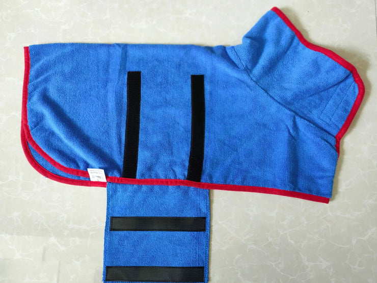 Blue microfiber Quick-Dry Pet Bathrobe for dogs and cats, with adjustable fit.