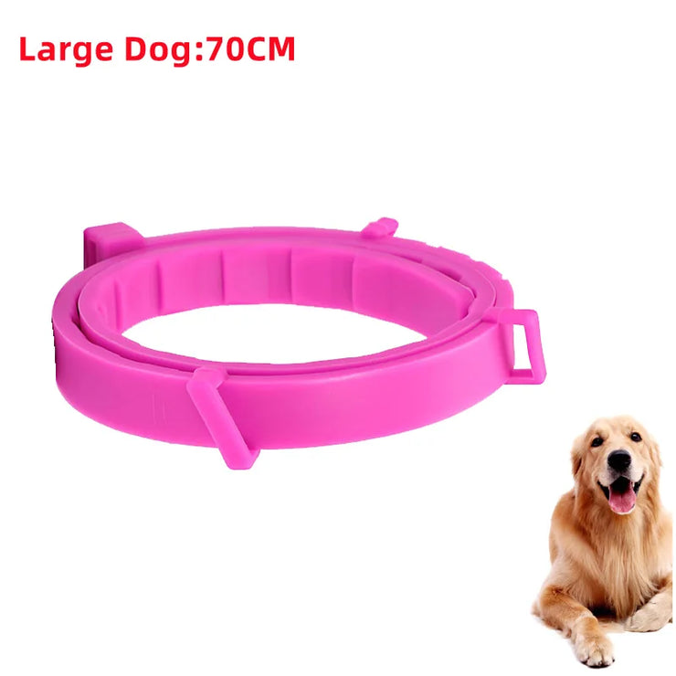 FleaGuard Retractable Pet Collar in pink for large dogs, 70CM size, shown with a golden retriever.