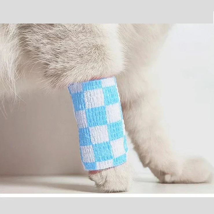 Eco-friendly pet paw wrap in blue and white, self-adhesive bandage, for protection and comfort.