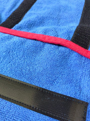 Blue microfiber quick-dry pet bathrobe with black and red detailing.