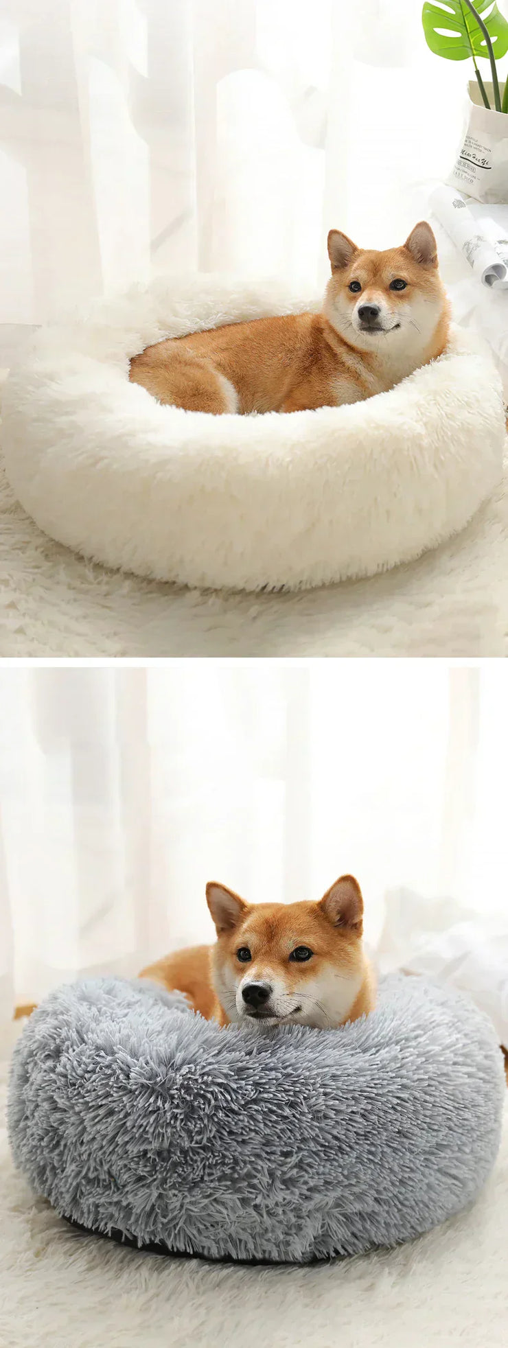 CozyNest Plush Pet Bed with dog, round design, soft plush material.