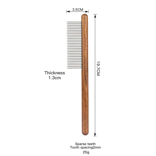 Customizable Luxury Pet Dematting Comb for cats and dogs with wood handle and precise measurements.