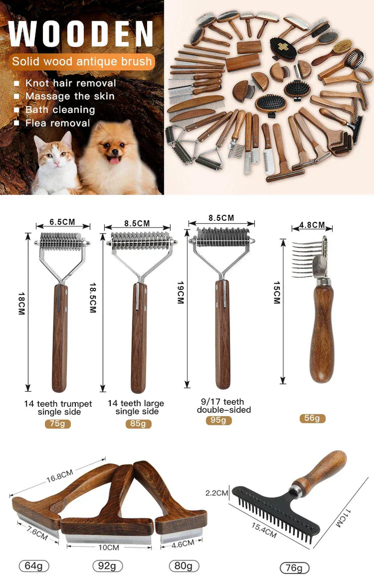 Luxury Pet Dematting Comb made from premium wood with customizable logo options, designed for cats and dogs.