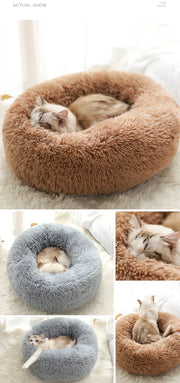 CozyNest Plush Pet Bed for cats and small dogs, features ultra-soft plush material and non-slip base for comfort and safety.