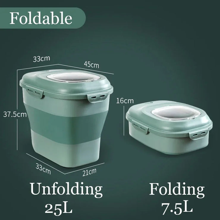 FlexiStore insect-proof foldable pet food storage container, shown in 25L and 7.5L sizes, highlighting its compact and convenient design.