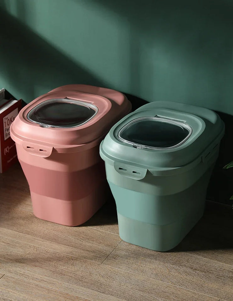 FlexiStore insect-proof foldable food storage containers for pets in pink and green, shown side by side.