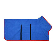 Quick-Dry Pet Bathrobe made from microfiber in blue with red trim, designed for dogs and cats.