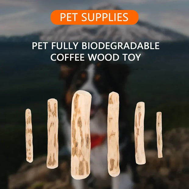 Natural coffee wood chew stick for dogs, eco-friendly and durable toy.