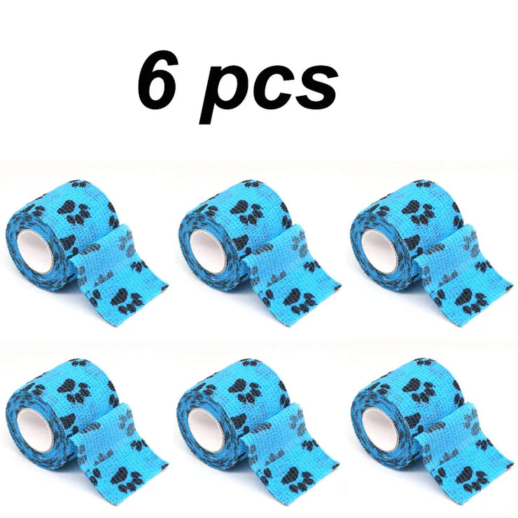 Eco-friendly pet paw wraps 6-pack in blue with paw prints, self-adhesive bandages for protection.