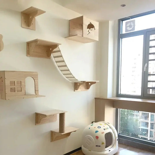 Wooden Wall-Mounted Cat Climbing Shelves & Hammock
