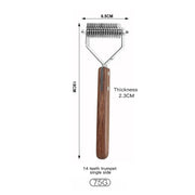 Customizable luxury pet dematting comb with wooden handle, 14 teeth, dimensions shown, ideal for cats and dogs.