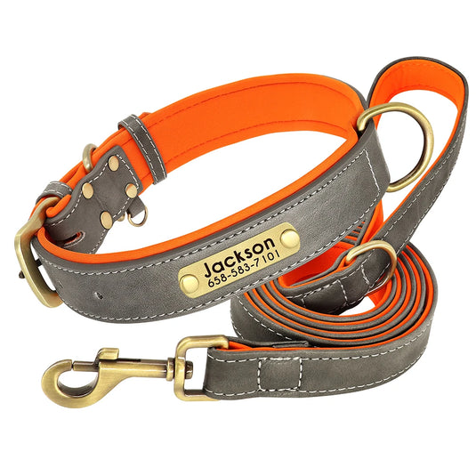 Personalized Leather Dog Collar & Leash Set with Engraved Nameplate