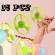 Cat playing with interactive launcher toy set, 15pcs flying discs, pet play training.