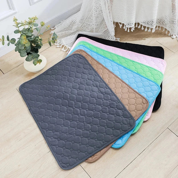 EcoComfort Washable Pee Pad & Pet Blanket in various colors on hardwood floor, eco-friendly pet care solution.